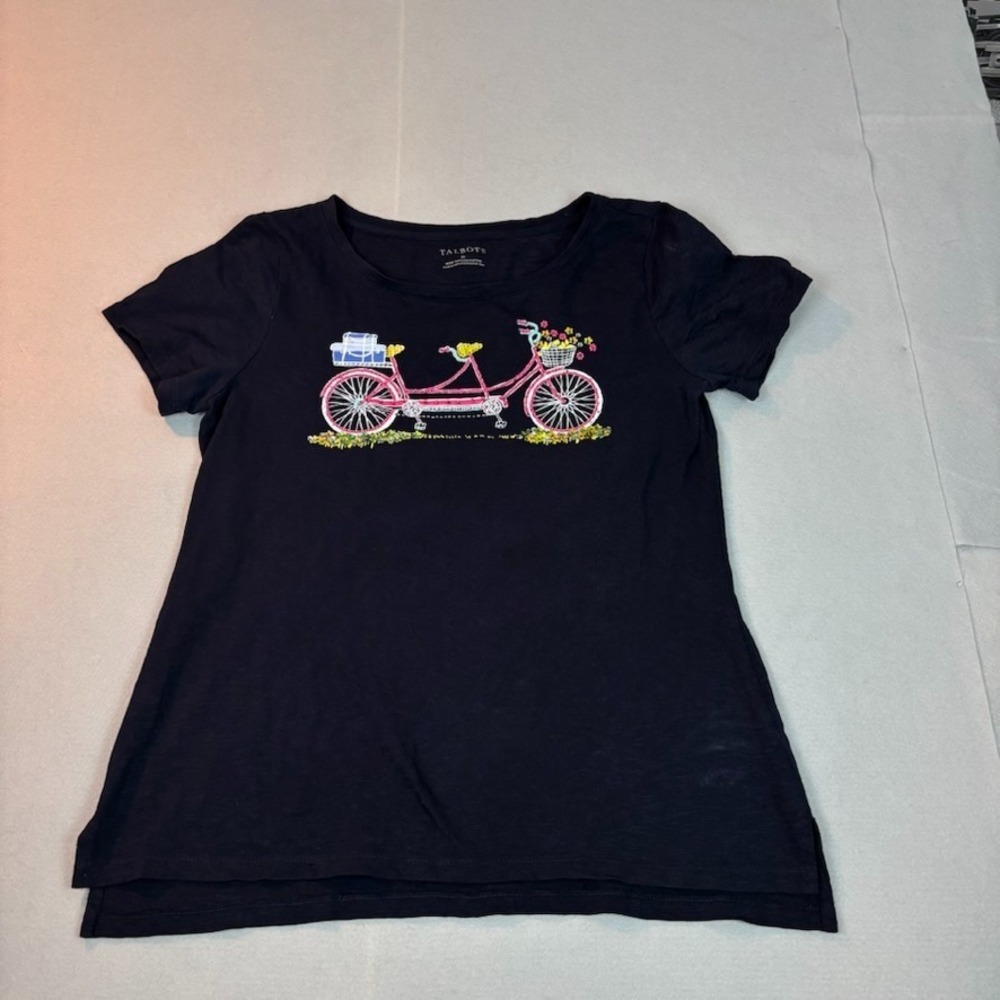 Talbots Womens Navy Blue Beaded Bicycle Print 100% Cotton Short‎ Sleeve Tee Med